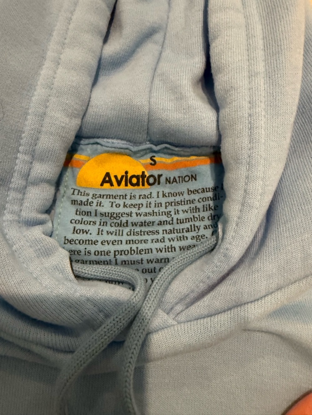 Aviator Nation Light Blue Crewneck Hoodie with Rainbow Smiley Sleeves - Picture 2 of 2